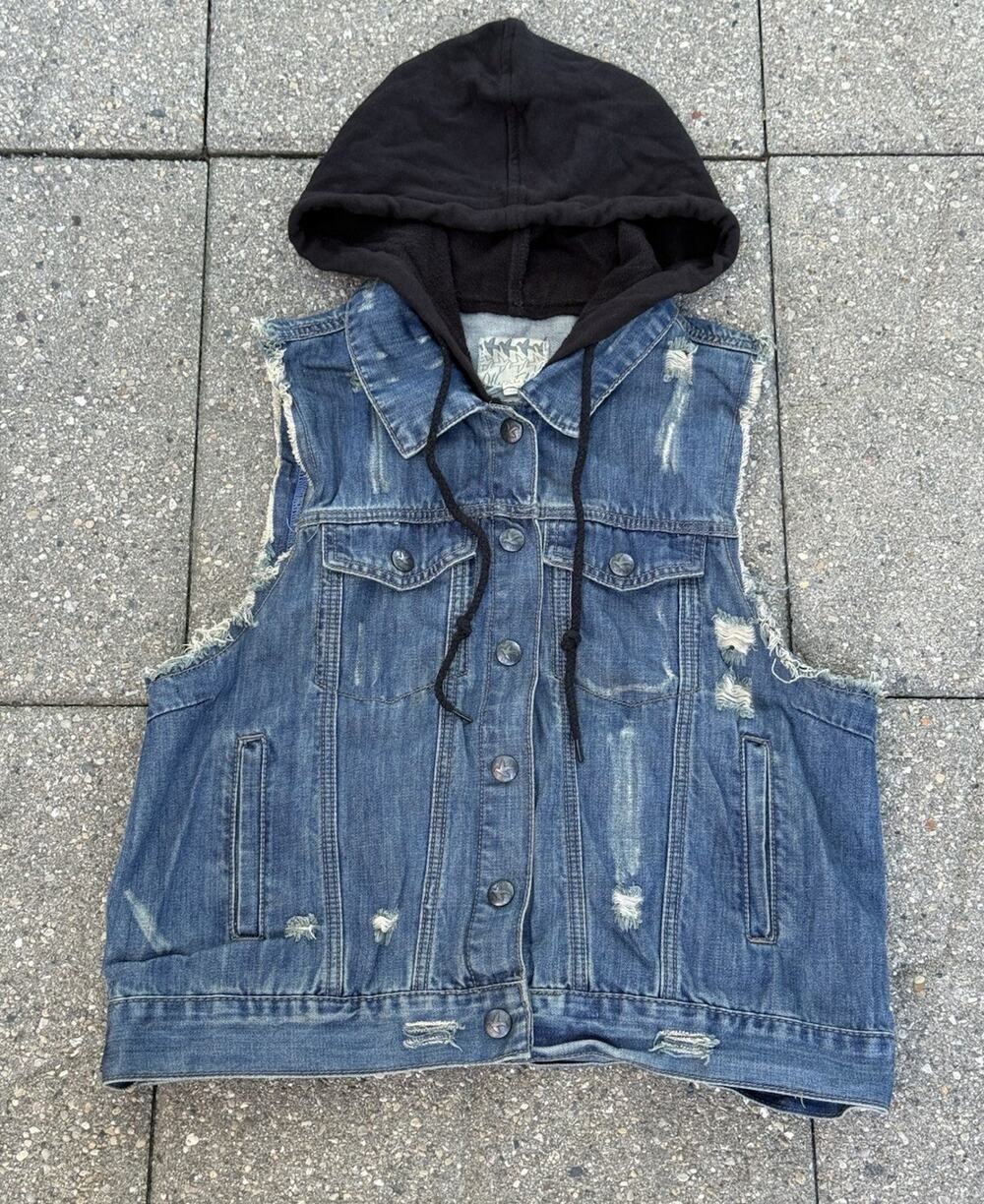 Others Follow Women Hooded Denim Vest Distressed Blue Jean Jacket Sleeveless XL